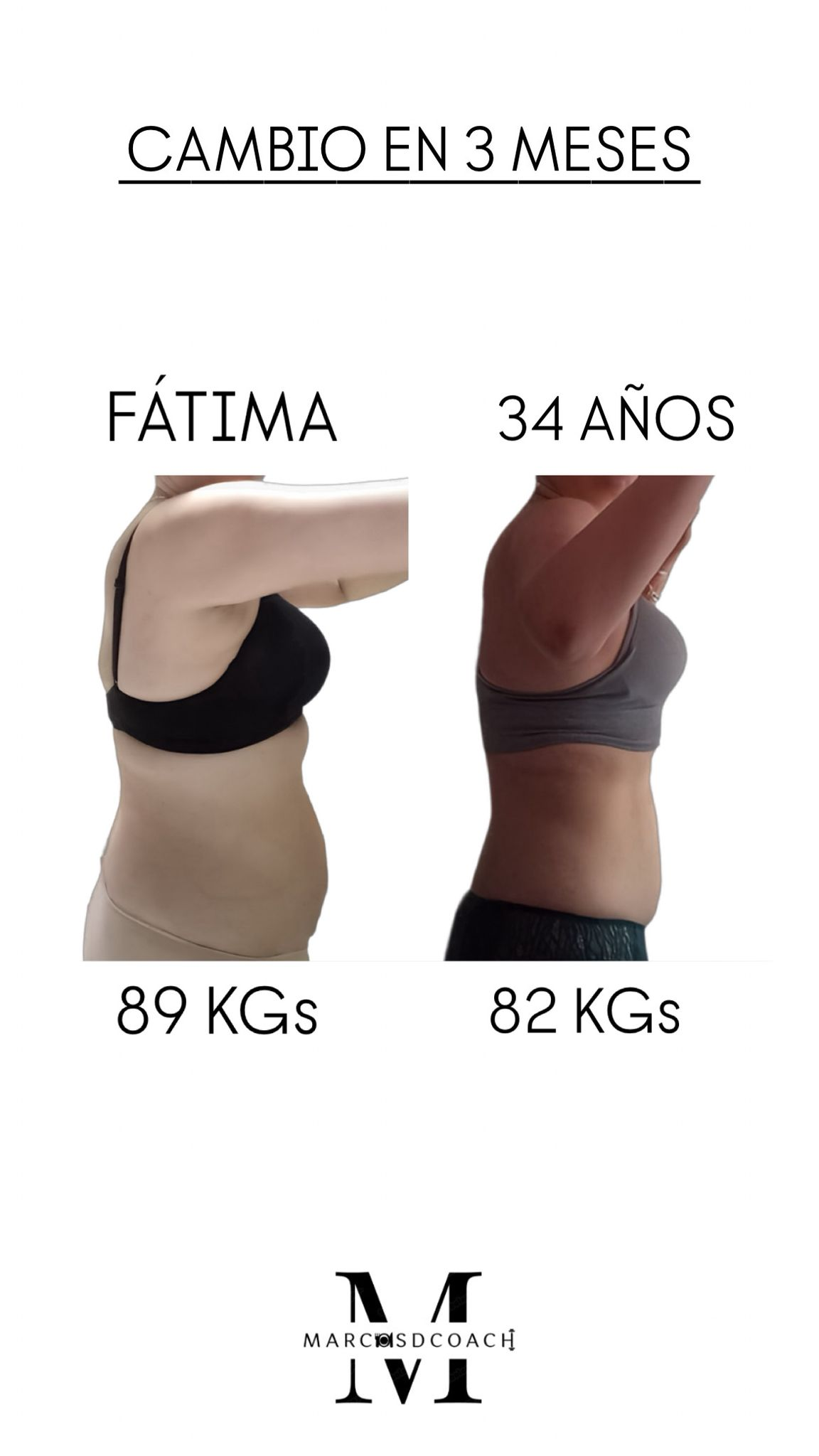 Comparación de perfil de una mujer en ropa deportiva antes y después de 3 meses; a la izquierda con 89 kg y a la derecha con 82 kg, con abdomen más plano y cintura más definida.