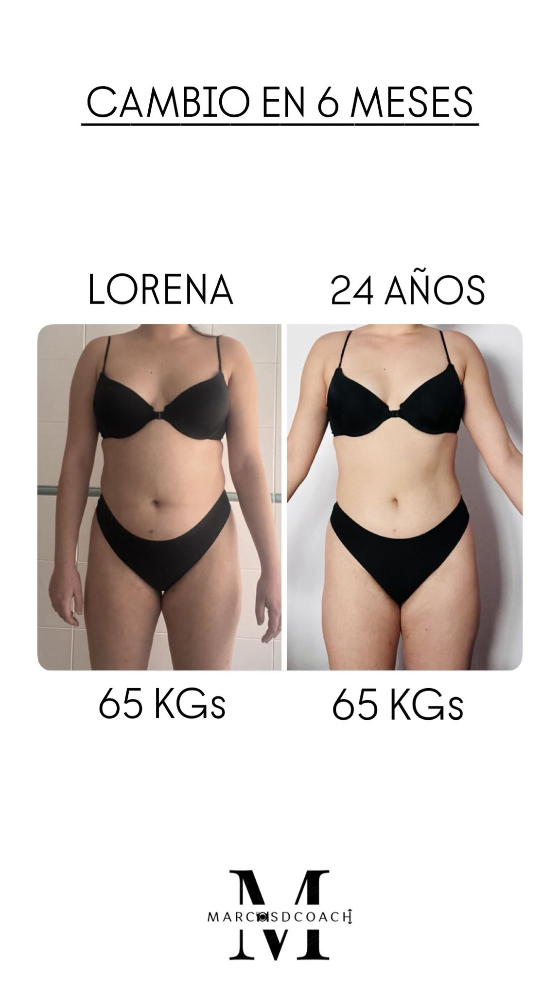 Comparación frontal de una mujer en ropa interior negra tras 6 meses; mantiene el mismo peso de 65 kg, pero presenta una figura más tonificada y definida.