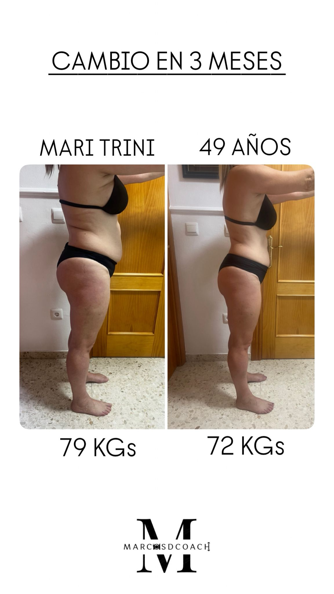 Comparación del cuerpo de una mujer de perfil en ropa interior negra antes y después de 3 meses; a la izquierda con 79 kg y a la derecha con 72 kg, mostrando una reducción notable en abdomen y piernas.
